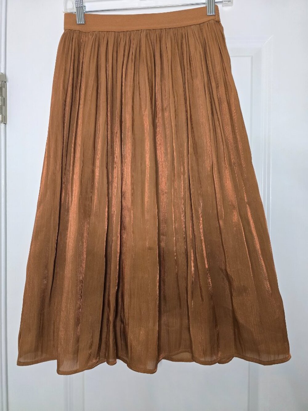 A New Day Shimmer Pleated Midi Skirt - Copper Orange - Picture 3 of 5
